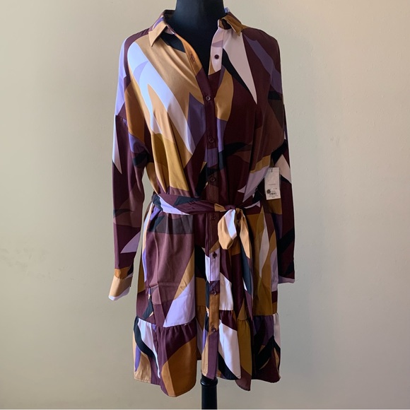 NINE WEST Shirtdress Large Plum Gold Long Sleeve Tie Belt NWT - Picture 2 of 13